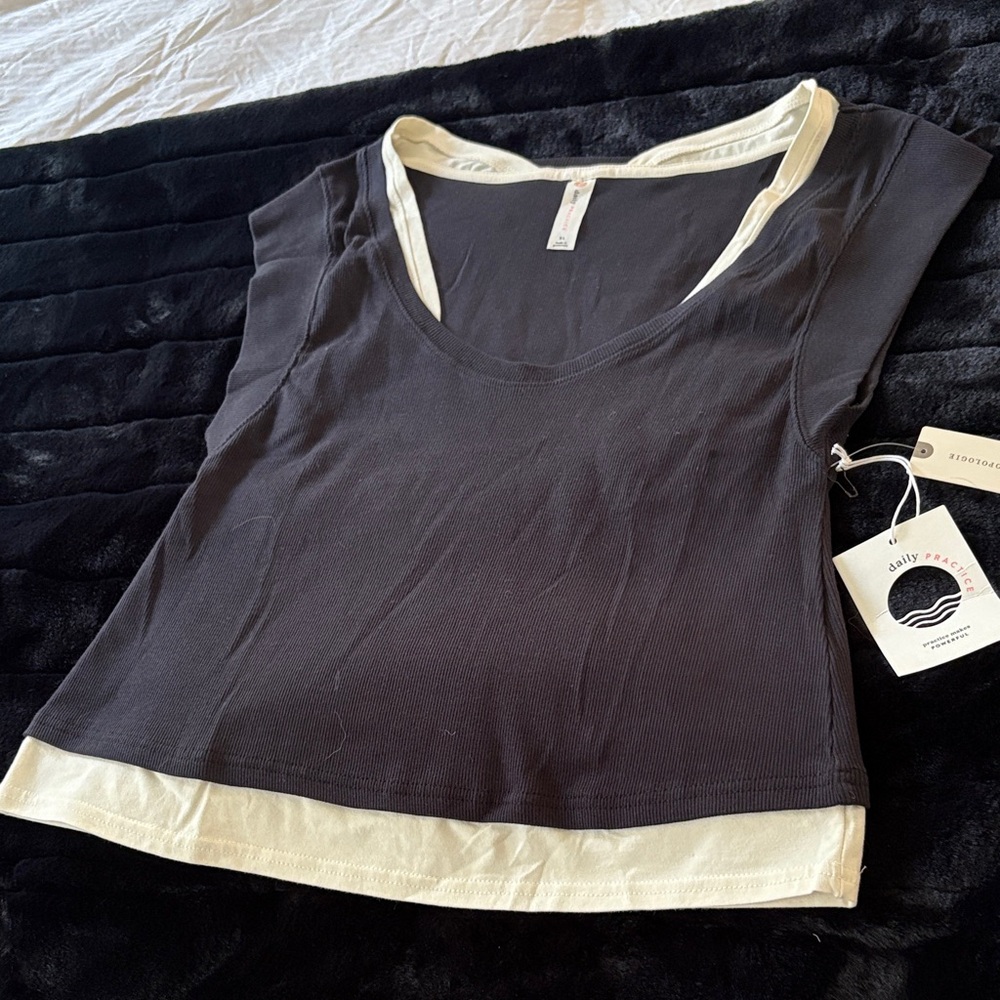 Daily Practice Anthro Black Tank with Cream Trim - Layered Scoop Neck